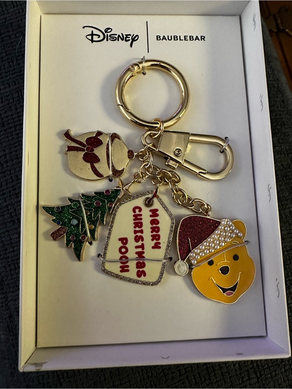 Disney BaubleBar Winnie the Pooh Merry Christmas Keychain - Gold, Red, Green
